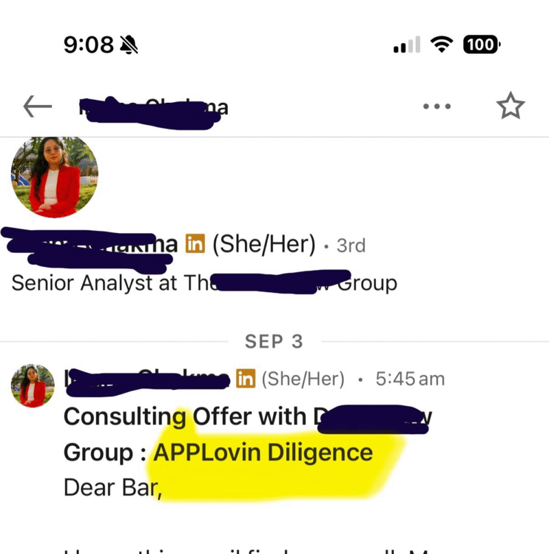 Phone screenshot of a LinkedIn message with sender names redacted and a highlighted subject line reading Consulting Offer: AppLovin Diligence
